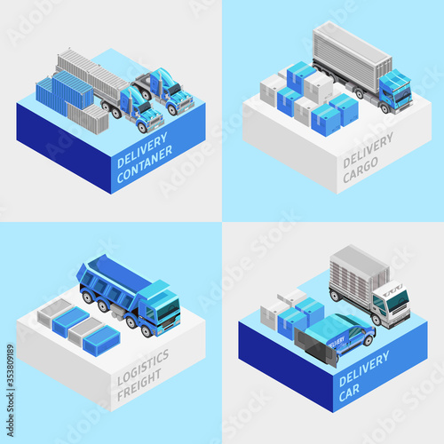 Set of isometric vector illustrations with assorted freight vehicles of delivery service