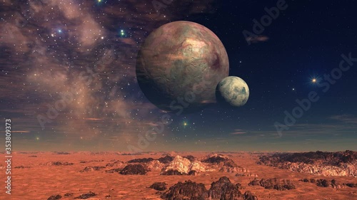Two Moons Over Alien Landscape. Two planets (moons) revolve over a lifeless desert. In the dark sky, bright stars, nebulae and slowly floating clouds.
