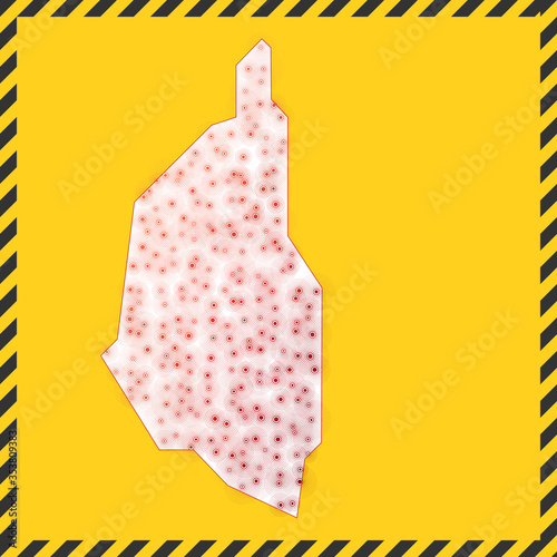 Kapas Island closed - virus danger sign. Lock down island icon. Black striped border around map with virus spread concept. Vector illustration.
