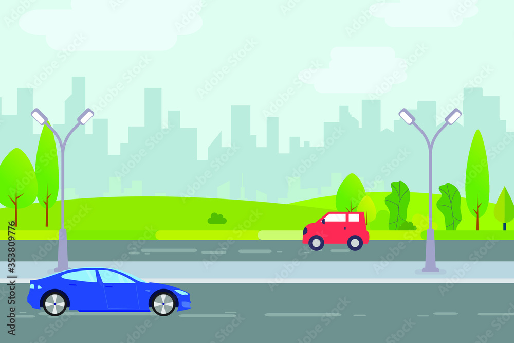 Flat vector cartoon style illustration of urban landscape road with cars