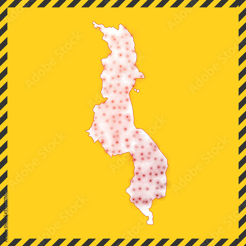 Malawi closed - virus danger sign. Lockdown country icon. Black striped border around map with virus spread concept. Vector illustration.
