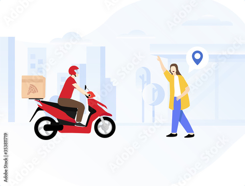 The girl ordering online pizza delivery service with her smartphone, and the courier arrived to the order location using motorcycle concept vector, illustration