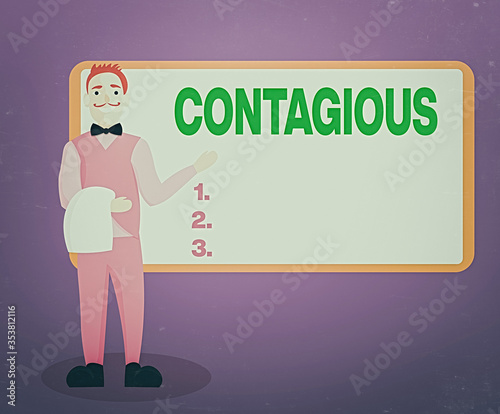 Writing note showing Contagious. Business concept for transmissible by direct or indirect contact with infected an individual Male Waiter Standing in Uniform Hand Presenting Menu Board photo