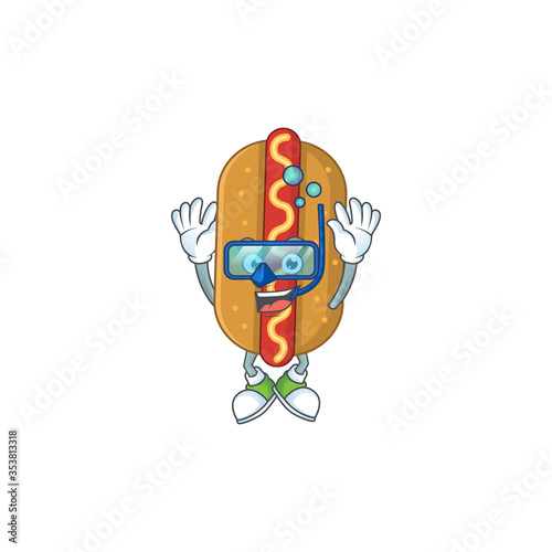 cartoon drawing concept of hotdog wearing cool Diving glasses ready to swim