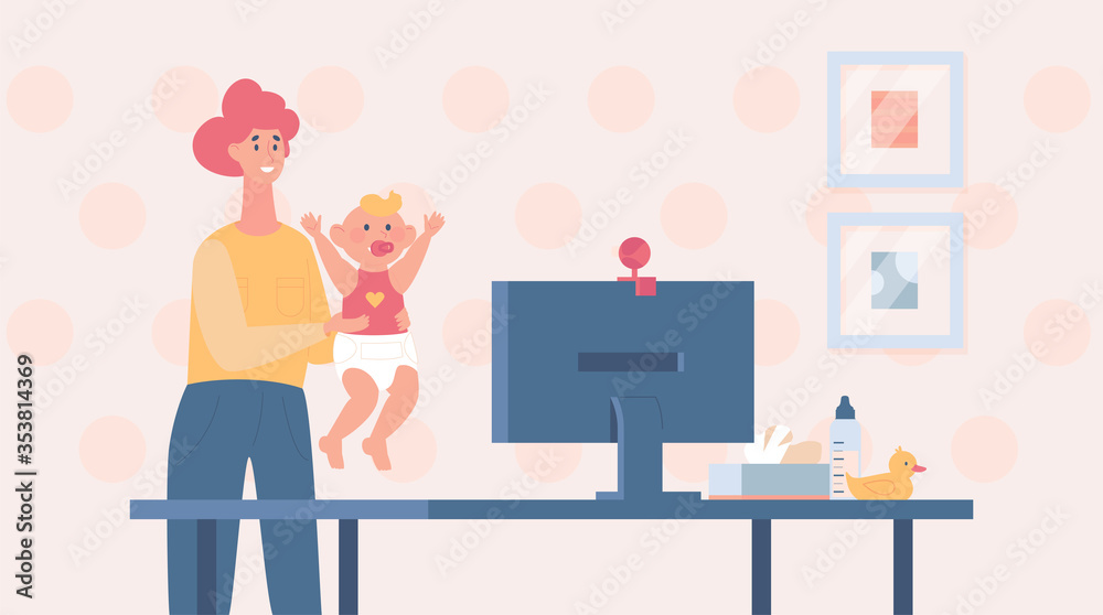 Family video call. Mother showing her baby via video conference vector flat cartoon illustration. Family video call. Mother showing her baby via video conference vector flat cartoon illustration.
