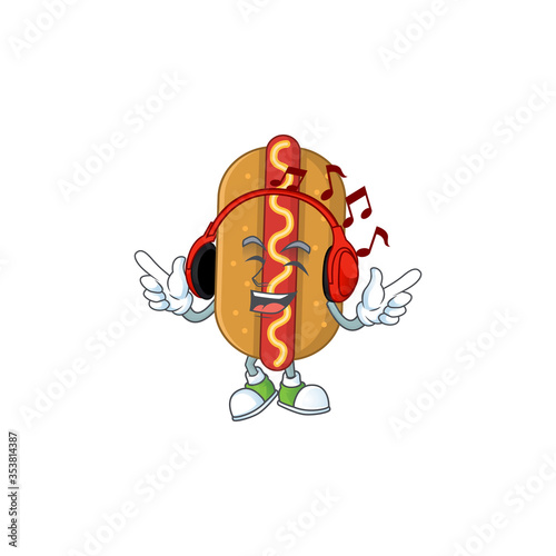 Cartoon drawing design of hotdog listening to the music with headset