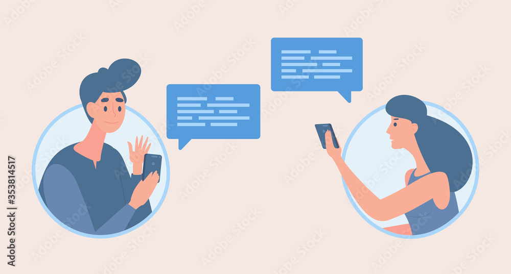 Boy and girl exchanging messages vector flat cartoon illustration. People talking with communication speech bubbles. Boy and girl exchanging messages vector flat cartoon illustration. People talking with communication speech bubbles.
