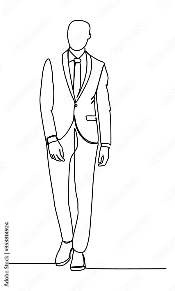 Confident Business Man Walking Over White Background. Continuous single line drawing vector illustration
