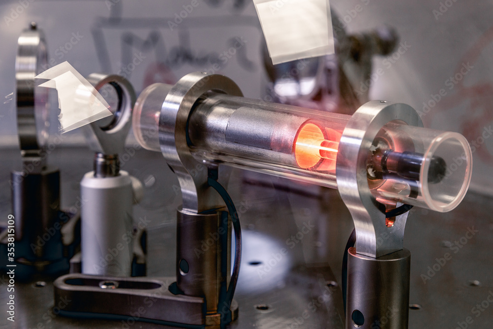 Red laser feeding a Michelson interferometer for precision measurement