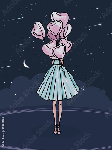 Cute girl with balloon in the shape of heart. Stylish young woman in azure dress walks at night under the starry sky. Drawing, design, sketch for postcard, notepad, card.  illustration holiday