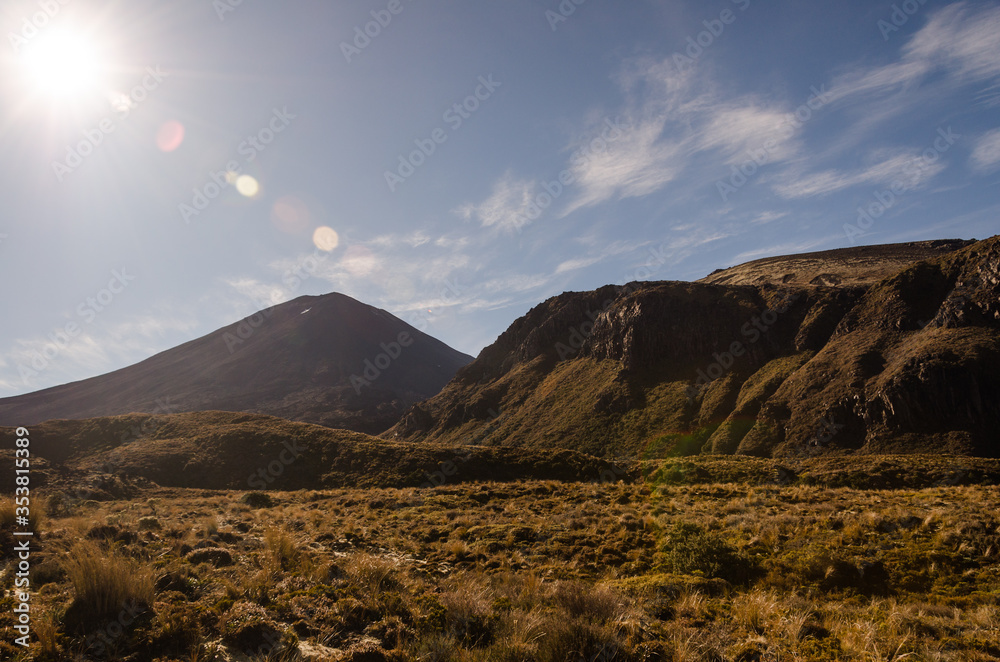 Mount Ngauruhoe with sun glare, Tongariro National Park, New Zealand