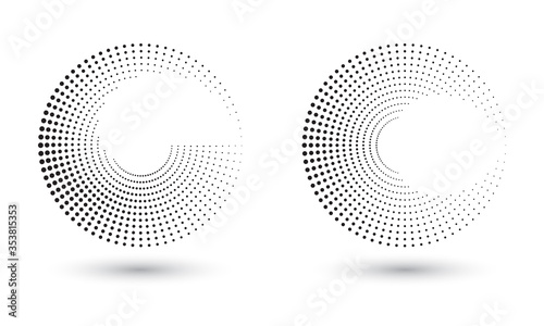 Halftone dots in circle form. Round logo or icon. Vector dotted frame as design element