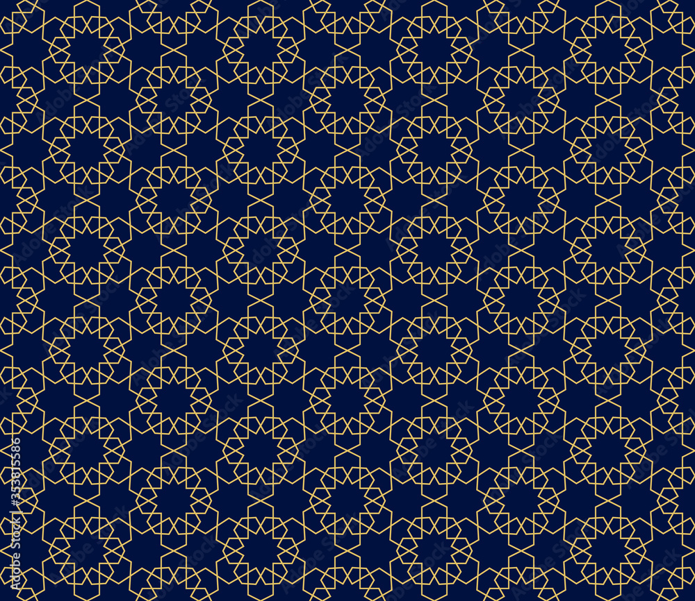 Seamless pattern in authentic arabian style. Golden geometric ornament over dark background.