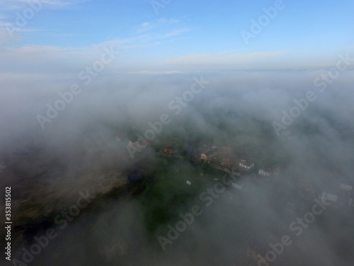 Aerial view of the morning fog (drone image). Near Kiev