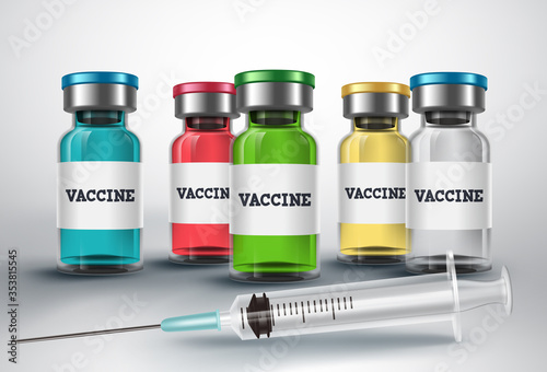 Vaccines bottle vector design. Vaccination medicine and syringe vaccine injection for covid-19 corona virus antiviral immunization treatment. Vector illustration.
