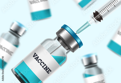 Vaccine injection bottle vector background. Vaccine shot for covid-19 coronavirus immunization and vaccination medical treatment in white background. Vector illustration.

