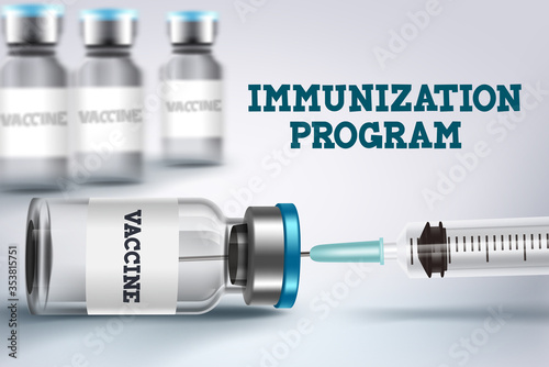 Vaccine immunization program vector design. Vaccine shot bottle and injection for covid-19 coronavirus immunization program and vaccination campaign in white background. Vector illustration.

