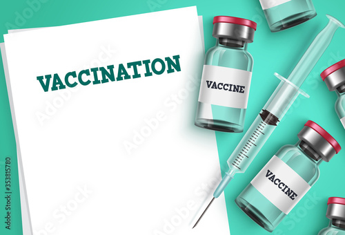 Vaccination vector background template. Vaccine shot, syringe injection and empty blank prescription paper with vaccination text for covid-19 coronavirus immunization and prescription.