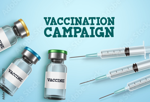 Vaccination campaign vector design. Vaccination campaign text with vaccine shot bottle and syringe injection for covid-19 coronavirus immunization medical treatment. Vector illustration.
