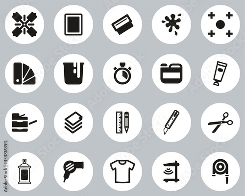 Screen Printing Icons Black & White Flat Design Circle Set Big