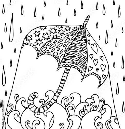 umbrella ornate cute lined doodle coloring book page black and white background art therapy relax psychology
