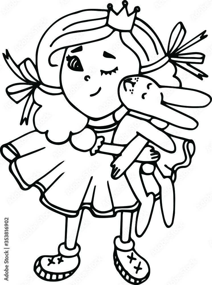 Obraz premium the girl is a little Princess hugs rabbit toy coloring black and white cute sly wink