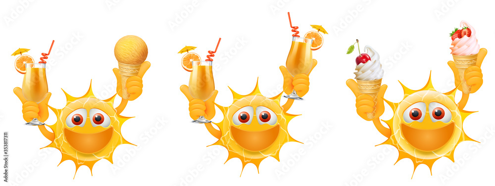 Ice Cream And Sun Emoji 376x1000 Happy Summer Sun Emoticons. Happy Sun Emoji with orange juice and ice cream  in the hands. Summertime Illustration. Isolated on white background. Stock  Illustration | Adobe Stock