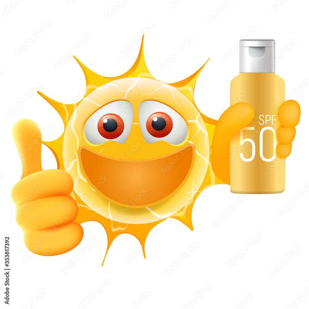 Happy Summer Sun Emoticon. Happy Sun Emoji with thumb up and sun lotion bottle in the Hand. Summertime Illustration. Isolated on white background. Happy Summer Sun Emoticon. Happy Sun Emoji with thumb up and sun lotion bottle in the Hand. Summertime Illustration. Isolated on white background.