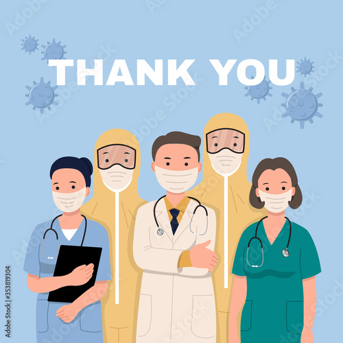 Thank you doctor and nurse for being front liner in covid-19 pandemic. Corona virus heroes. Flat style design vector. 