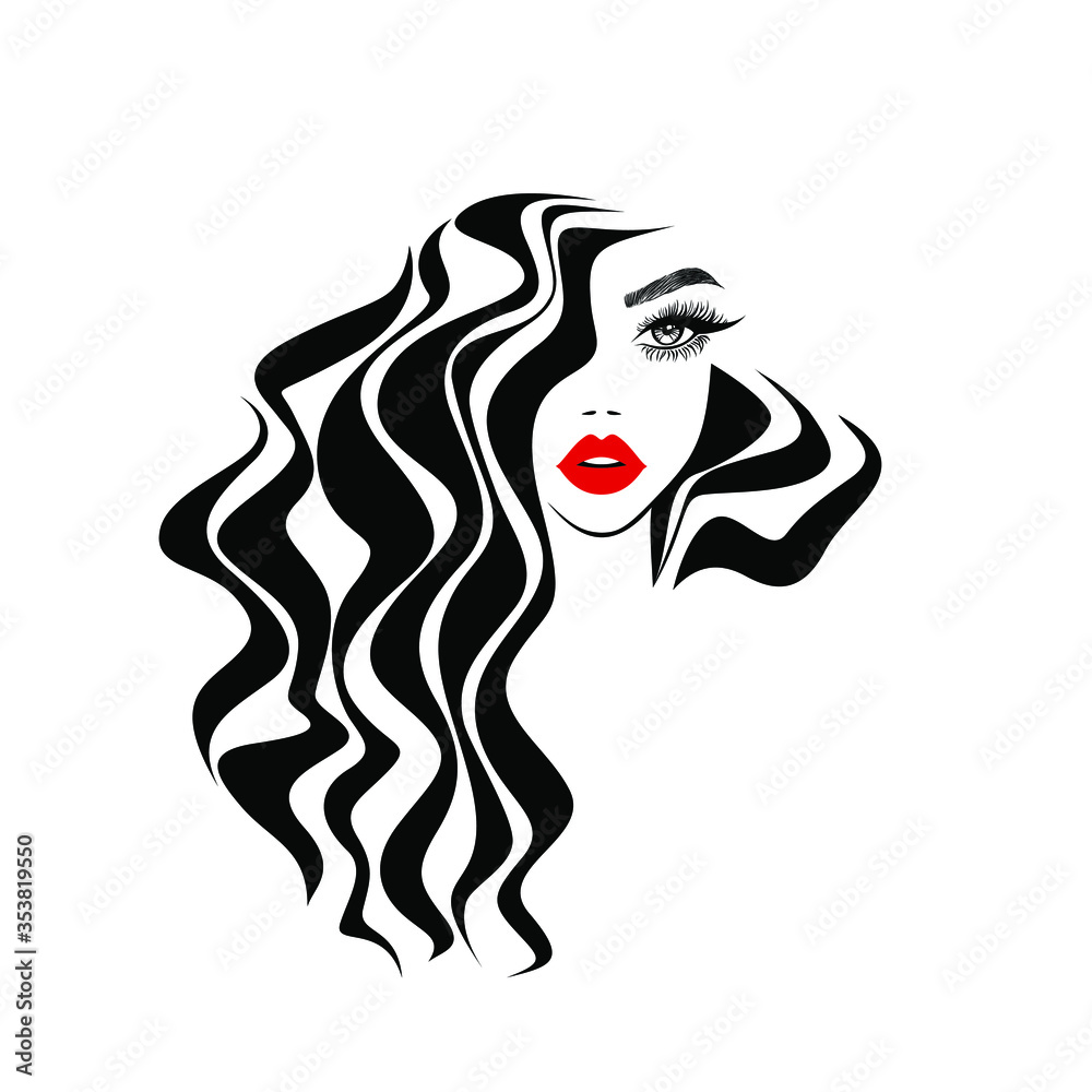 Beautiful sexy woman face, red lips, curly black hair style, fashion ...