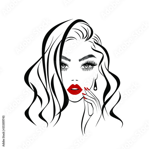 Beautiful sexy face, red lips, hand with red manicure nails, fashion woman, element design, nails studio, curly hairstyle, hair salon sign, icon. Beauty Logo. Vector illustration. Hand drawing style.