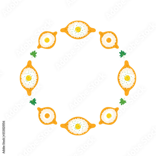 Vector round frame with with khachapuri, traditional georgian pies for restaurant menu design.