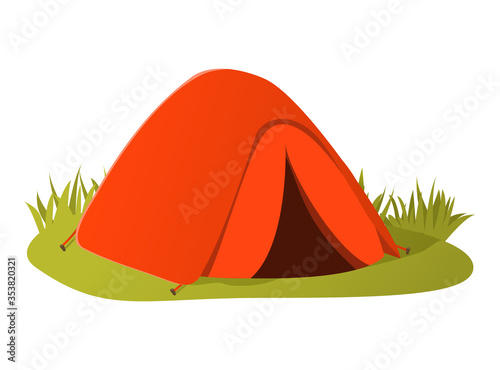 Hiking camping tent.Tourist camp in outdoor travel.Summer journey rest green grass.Vector design isolated on white background.