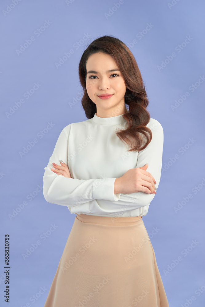 Portrait of her she nice attractive pretty girl folded arms isolated over bright purple background