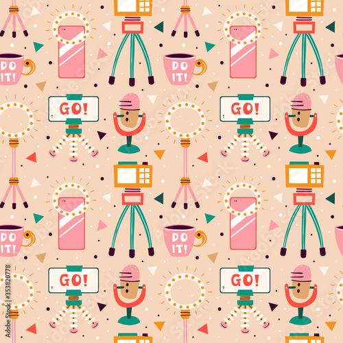 Blogging, vlogging set. Filming items. Camera, smartphone, tripod, lightning, selfie, stream, cup. Flat colourful vector seamless pattern, texture, background, backdrop isolated on beige background. 