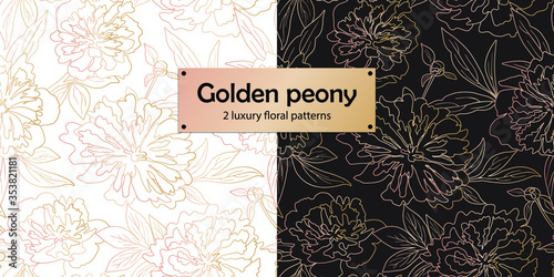 Golden outlined peony on black and white background. Vector illustration seamless floral pattern set for fashion fabric, wrapping paper of wallpaper design