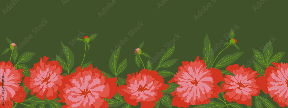 Floral seamless pattern border - red peony with leaves on green background for interior design, wallpaper or fashion fabric. Vector endless illustration with isolated flower elements