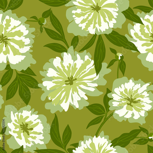 Floral retro seamless pattern peony with leaves in golden green colors for fashion fabric, home textile, wallpaper or wrapping paper. Vector endless illustration with isolated flower elements