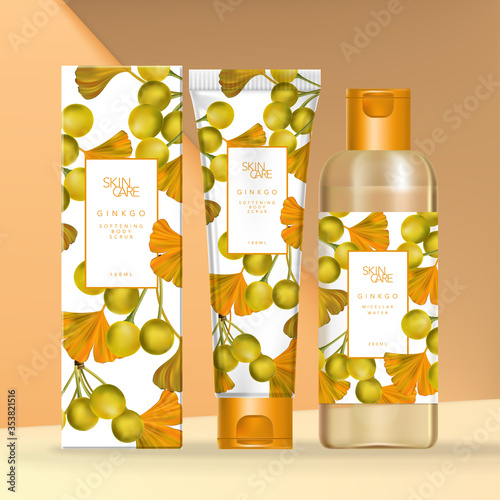 Vector Ginkgo Theme Beauty, Skin Care or Health Care Transparent Bottle or Tube Packaging with Carton Outer Box Illustration.