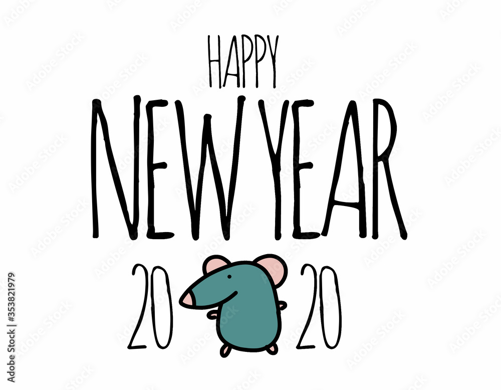 Typographic template image for Happy new year party. Cute metal mouse with big ears. Chinese New Year 2020. The year of rat/mice/mouse. Vector cartoon funny sketch mouse. Doodle hand-drawn style.