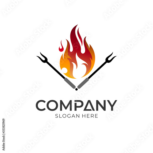 Fire barbecue grill logo design, bbq food restaurant logo template, fire flame vector