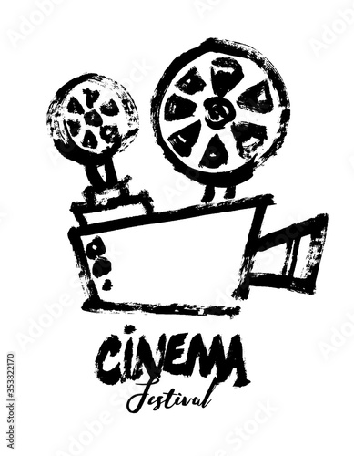 Vector cinema festival poster, flyer background. Abstract sale tickets banner background. Movie time and entertainment concept. Grunge vintage camera, hand-drawn flat illustration.