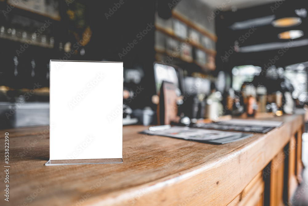 Stand Mock up Menu frame tent card blurred background design key visual layout.