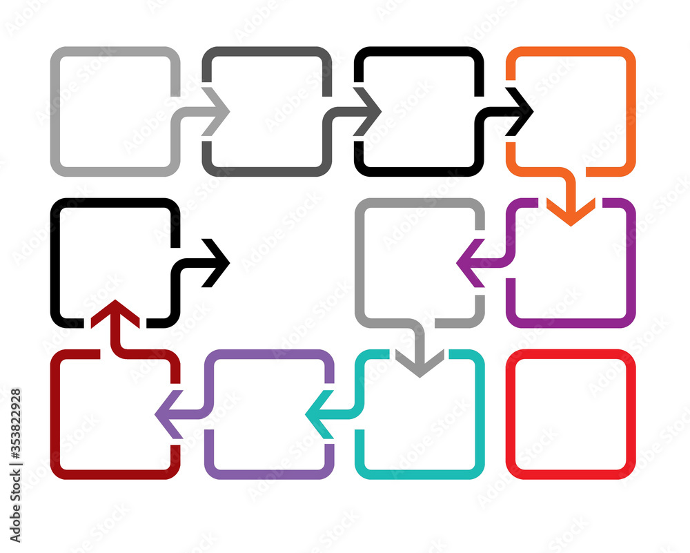 Graphic diagram of the transmission of information from multi-colored squares and arrows on a white background Graphic diagram of the transmission of information from multi-colored squares and arrows on a white background