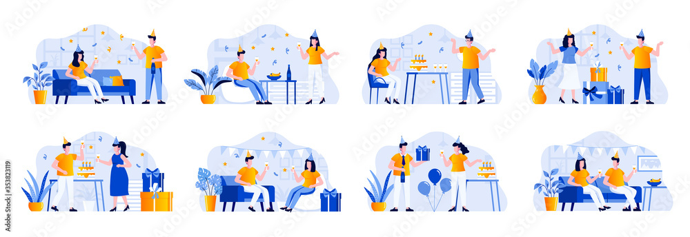Fototapeta premium Party scenes bundle with people characters. Friends celebrating, congratulating and gift presenting, having fun together situations. Birthday party with festive decoration flat vector illustration.