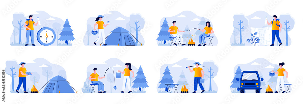 Fototapeta premium Camping scenes bundle with people characters. Mushroom hunting, traveling with backpack and camping tent, marshmallow roasting on campfire, fishing situations. Summer camping flat vector illustration.