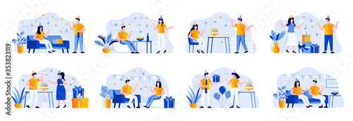 Party scenes bundle with people characters. Friends celebrating, congratulating and gift presenting, having fun together situations. Birthday party with festive decoration flat vector illustration.