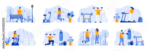 Fitness scenes bundle with people characters. People running, jumping with rope, lifting dumbbells and training with punching bag situations. Sports activities and workout flat vector illustration.