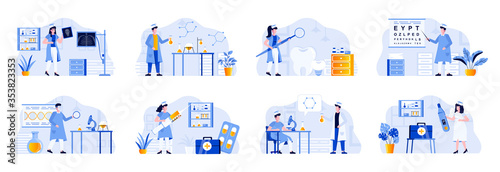 Medicine scenes bundle with people characters. Laboratory diagnostics, pharmacology research, ophthalmology, radiology and stomatology situations. Diagnosis and treatment flat vector illustration