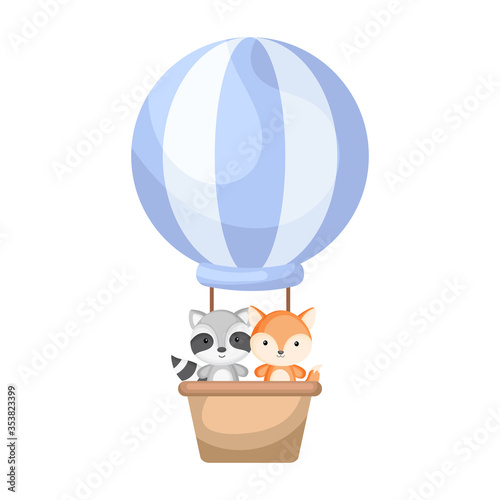 Cute baby raccoon and fox in the hot air balloon. Graphic element for childrens book, album, scrapbook, postcard, invitation, mobile game.
